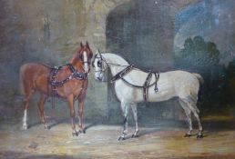 Follower of Harry Hall, Two carriage horses by an archway, oil on board, 33 x 48cm.