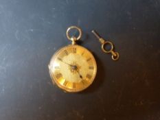 An 18ct gold open faced pocket watch with chased back, keywind no 63849, Chester 1866.