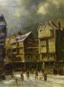 Manner of Louise Rayner, Street scene with figures in the snow, oil on board, 38 x 28cm.