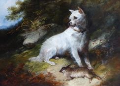 Manner of George Armfield (1808-1893), A rough coated dog with rabbit in a landscape, bears