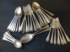 A silver Old English pattern part flatware service comprising eight table forks, seven dessert