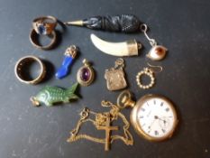 Two 9ct gold rings, a blue gem set ring, a Waltham gold plated fob watch and various charms (14)