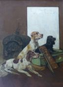 English School (early 20th Century), Three gun dogs sitting by sporting luggage under an L.M.S.