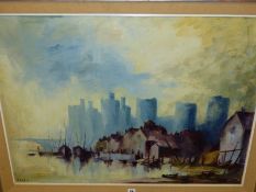 20th Century School, riverside cottages with distant castle ruin, indistinctly signed, oil on canvas