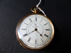 A gentleman's 18ct gold open faced pocket watch with centre seconds hand and topwind action.