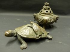 AN ARCHAIC STYLE BRONZE CENSOR TOGETHER WITH BRONZE TURTLE