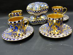 LAPIS AND GILT COALPORT COFFEE CANS TOGETHER WITH A PAIR OF TRINKET BOXES