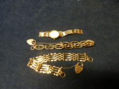 TWO 9CT GOLD GATE BRACELETS WITH HEART CLASPS AND A GOLD BRACELET WATCH