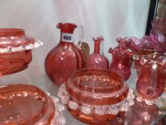 VARIOUS CRANBERRY GLASSWARE TO IINCLUDE EWERS, BON BON DISHES,ETC