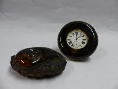 A SILVER MOUNTED TORTOISESHELL CASED EIGHT DAY TRAVELLING WATCH. DATED LONDON 1914 AND AN AMBER