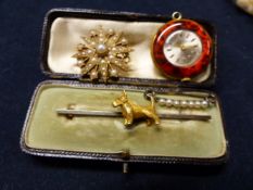 A PRECIOUS METAL 'SCOTTIE' BAR BROOCH, A 9CT GOLD SEED PEARL SET STAR PENDANT, A SEED PEARL SET