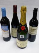 BOTTLE OF MOET AND THREE VARIOUS REDS