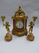 A FRENCH GILT BRONZE AND MARBLE CLOCK GARNITURE