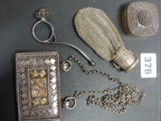 WHITE METAL PURSE, TOGETHER WITH INDIAN SILVER TRINKET BOX, ETC