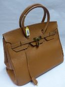 A BIRKEN STYLE TAN LEATHER DESIGNER HAND BAG