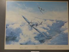 A ROBERT TAYLOR SPITFIRE PRINT SIGNED BY DOUGLAS BADER AND JOHNSTONE