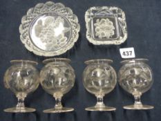 FOUR ENGRAVED BUD VASES AND ETCHED PIN TRAYS, TOGETHER WITH AN ETCHED VASE