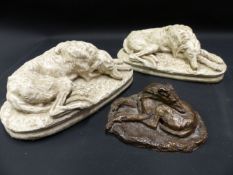 TWO PLASTER STUDYS OF DEER HOUNDS AND A SIMILAR BRONZE EXAMPLE