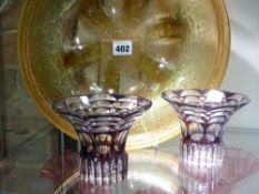A PAIR OF BOHEMIAN CUT GLASS POSY VASES AND AN ART GLASS BOWL