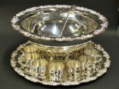 A SILVER PLATE PUNCH BOWL WITH CUP AND UNDERTRAY