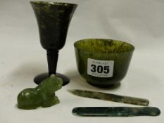 A HARDSTONE CUP AND BOWL,ETC