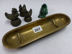 A BRONZE BRUSH STAND, OPIUM WEIGHTS AND MALACHITE TURTLE
