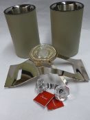 AN ERCUIS COCKTAIL STRAINER BOTTLE STAND TOGETHER WITH BACCARAT WINE BOTTLE STOPPERS, ETC