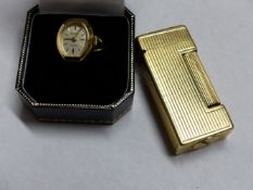 A DUNHILL CIGARETTE LIGHTER, OUTER JACKET 14K. 5CM HIGH TOGETHER WITH A ROLLED GOLD RING WATCH (2)