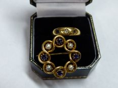 AN 18CT GOLD SAPPHIRE AND DIAMOND CHIP SET RING TOGETHER WITH A GOLD SEED PEARL AND BLUE GEM SET