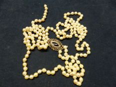 A DOUBLE STRAND OF CULTURED PEARLS WITH PASTE SET CLASP. 42CM LONG