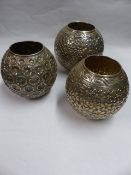 THREE SIMILAR SILVER COLOURED GLOBULAR MILLEFIORI TYPE VASES. STAMPED 900. MAKERS INITIALS a.a. 20CM