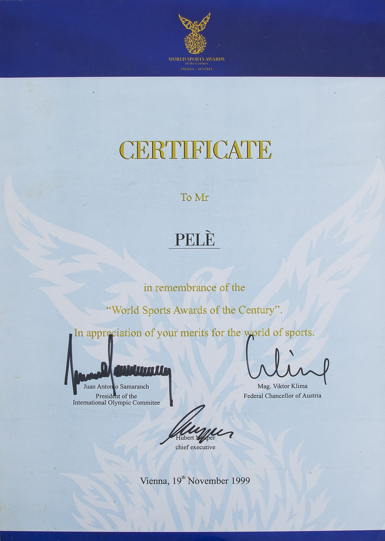 PELÉ WORLD SPORTS AWARDS OF THE CENTURY MEDAL AND CERTIFICATE - Image 3 of 3