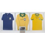 PELÉ SIGNED AND INSCRIBED BRAZIL WORLD CUP JERSEYS DISPLAY