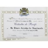 PELÉ MARCH 13, 1996, RECIFE HONORARY CITIZEN CERTIFICATE