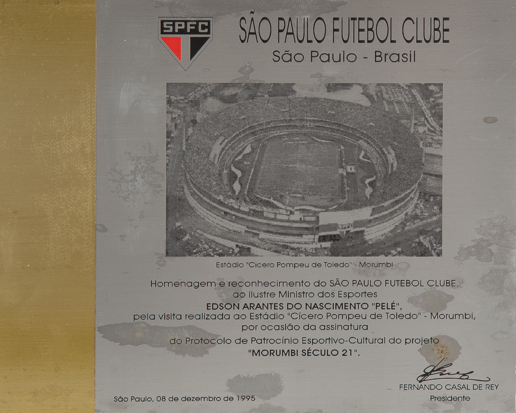 PELÉ DECEMBER 8, 1995, SÃO PAULO FOOTBALL CLUB PLAQUE