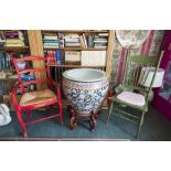 LARGE ASIAN CACHEPOT AND TWO CHAIRS