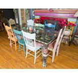 HANDPAINTED DINING TABLE AND EIGHT CHAIRS