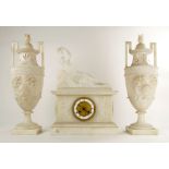 19th C. French Empire Figural Alabaster Clock and Urns