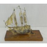 925 Standard White Metal Nef, 3 Masted Fully Rigged with figures on deck, on hardwood base, marked