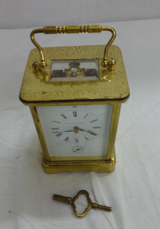 Matthew Norman London Swiss Made 8 Day Carriage Clock, numbered 1755 with alarm mechanism,