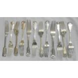 C19th Silver Fiddle Thread & Shell Dessert Forks: 6 x London 1860, 4 x London 1839, maker MC & 2