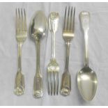 C19th Silver Fiddle Thread & Shell Cutlery: 3 dining forks, London 1860 & 2 soup/serving spoons (5)