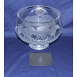 Large Waterford Crystal Circular Footed Bowl engraved with horse racing across terrain, reverse with