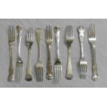 C19th Silver Kings Pattern Dessert Forks, various makers, some Victorian, makers RB & GA (9)
