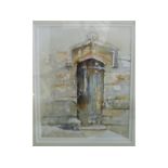 MIXED LOT: 20TH CENTURY WATERCOLOUR, MEDIEVAL DOORWAY, MONOGRAMMED CG TO LOWER RIGHT, FURTHER