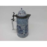 LARGE BLUE AND WHITE BIER STEIN OF TAPERING FORM WITH PEWTER-MOUNTED LID, 10" HIGH, INSCRIBED "27"