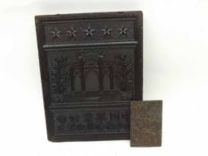 UNUSUAL CHINESE RECTANGULAR TEA BLOCK DECORATED WITH VARIOUS SYMBOLS, 9" LONG TOGETHER WITH A