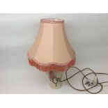 MOORCROFT MAGNOLIA PATTERN TABLE LAMP OF BALUSTER FORM, FITTED WITH A TASSELLED PINK SHADE, 19 1/