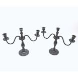 PAIR OF WMF BRONZED FINISH THREE-LIGHT CANDELABRAS RAISED ON KNOPPED STEMS AND CIRCULAR BASES (ONE