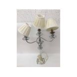 LARGE SILVER PLATED THREE-BRANCH CANDELABRA CONVERTED FOR ELECTRICAL USE, 29" HIGH INCLUDING